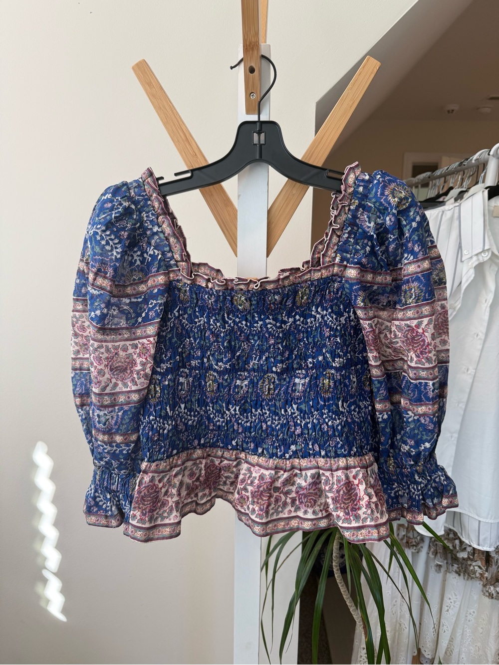 Sea New York Blue & Pink Floral Smocked Peasant Top